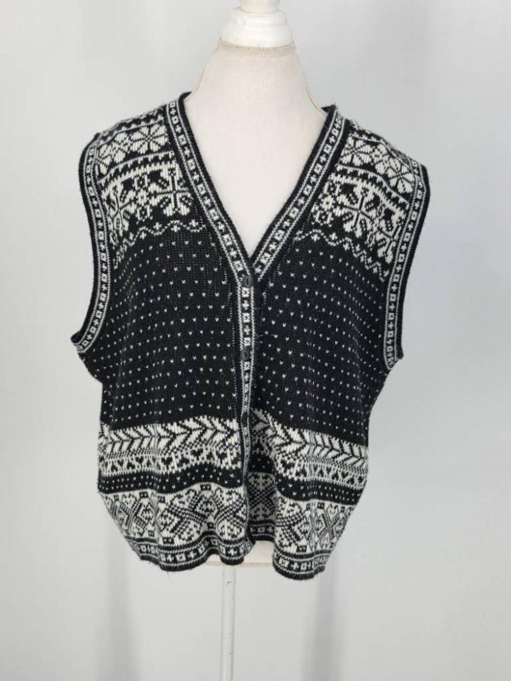 Vintage JK America Womens XL Nordic Fair Isle Sweater Vest Black White 90s USA